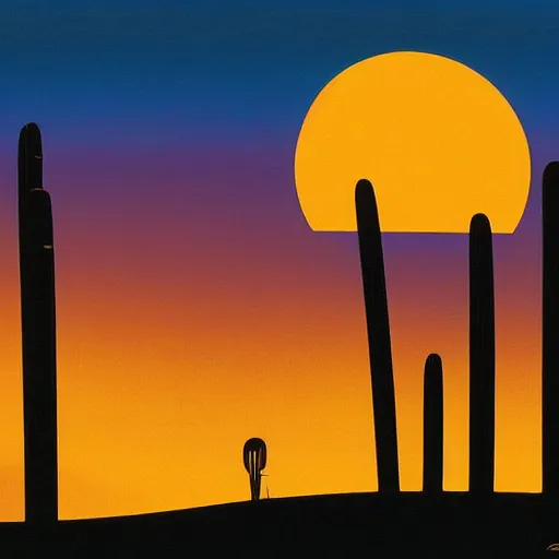 Image similar to sunset in the desert, animated film, stylised, illustration, by eyvind earle, scott wills, genndy tartakovski