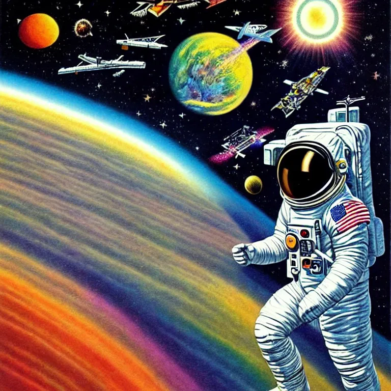 Prompt: by philip caza. astronaut at the rainbow bridge.