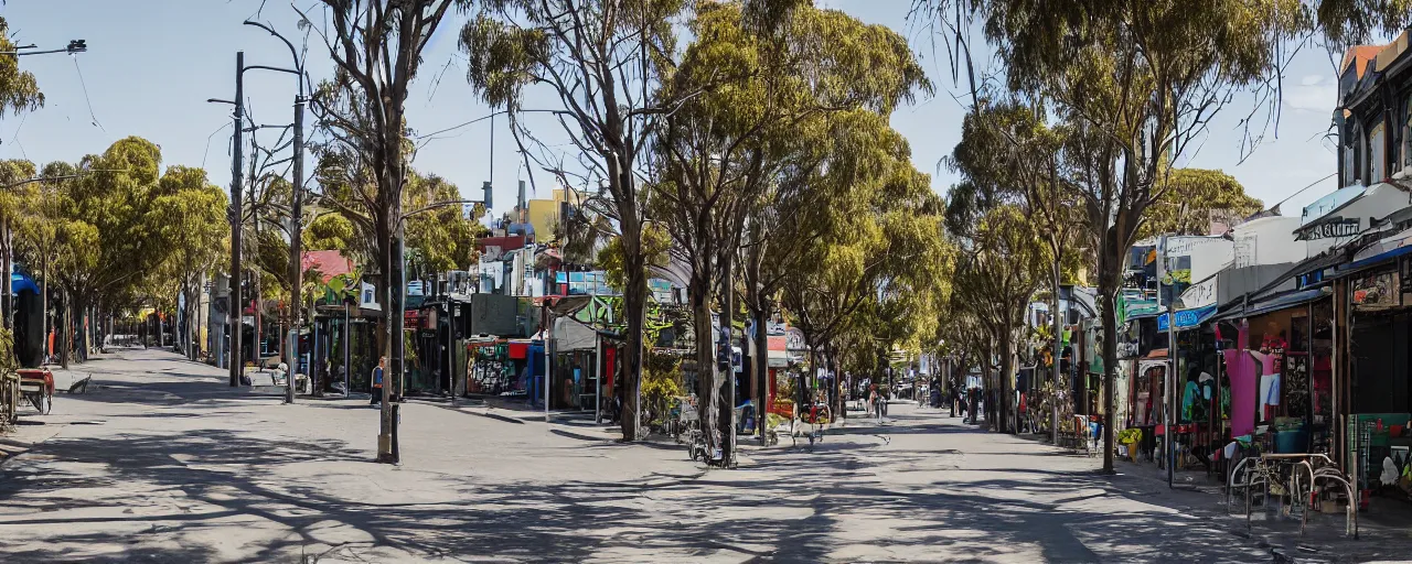 Prompt: a street in brunswick, melbourne, where the street has been reclaimed by nature, and has been turned into a futuristic marketplace, depth of field, XF IQ4, 150MP, 50mm, F1.4, ISO 200, 1/160s, natural light