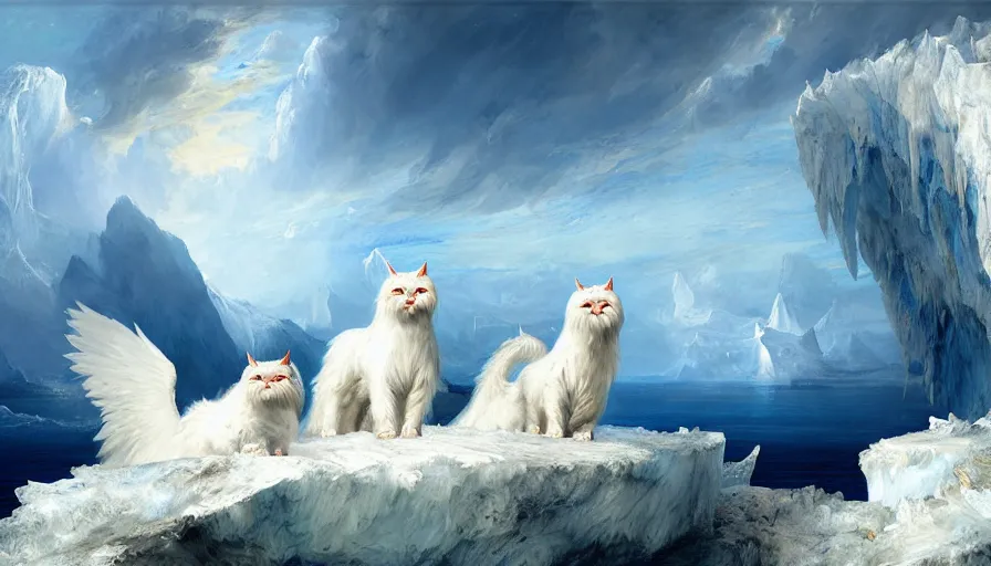 Image similar to highly detailed painting of white giant griffon cat bears with large feathered wings on a blue and white iceberg by william turner, by greg rutkowski, by william constable, thick brush strokes and visible paint layers, 4 k resolution