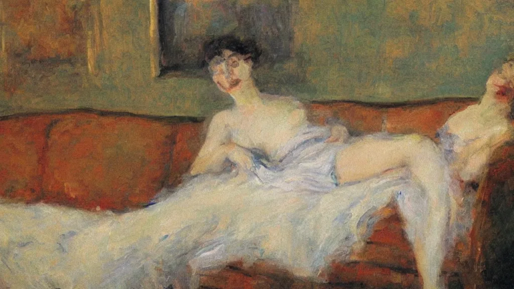 Prompt: a woman resting on a sofa. impressionism.