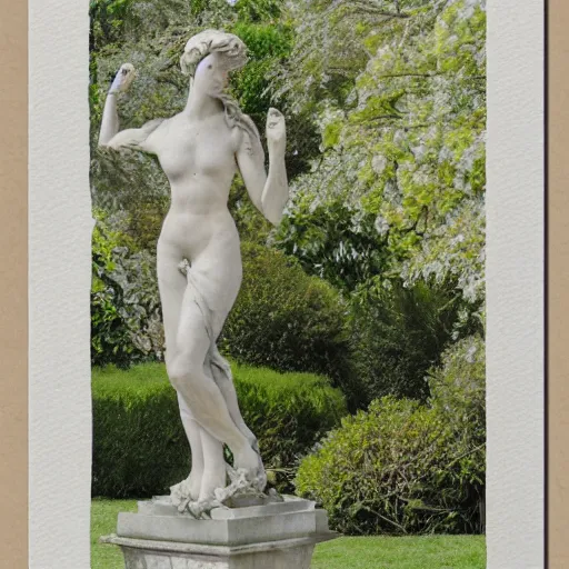 Image similar to delicate marble statue in a garden, stony, puffy, botanical herbarium paper, botanic, watercolor colored painting, pencil, iridescent colors, 8 k, realistic shaded, fine details, artstation, italian, colonnade, hydrangea, vines, gardena architecture, pompeii