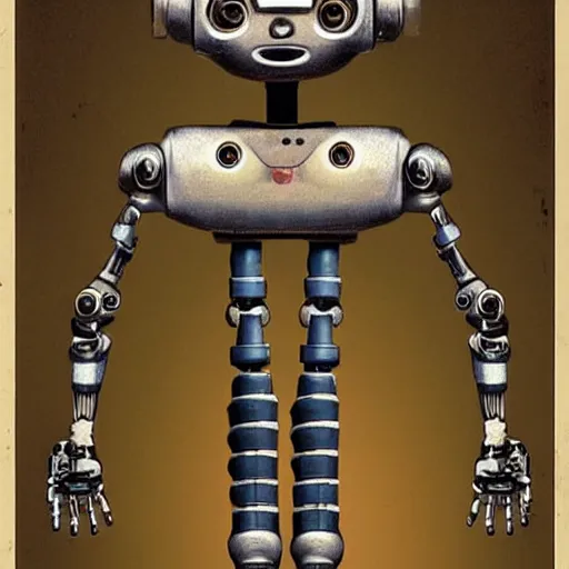 Image similar to a skinny outdated awkward robot with joints that creak and a triangular head with 2 antenna, painting by Ed Binkley