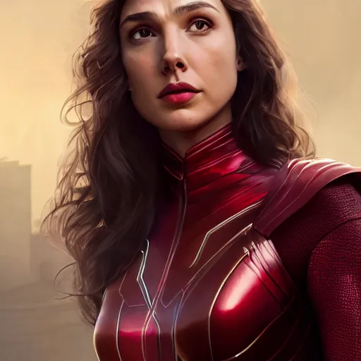 Prompt: a potrait of Gal Gadot as Scarlet witch by Greg Rutkowski, Sung Choi, Mitchell Mohrhauser, Maciej Kuciara, Johnson Ting, Maxim Verehin, Peter Konig, 8k photorealistic, cinematic lighting, HD, high details, dramatic, trending on artstation, full body shot