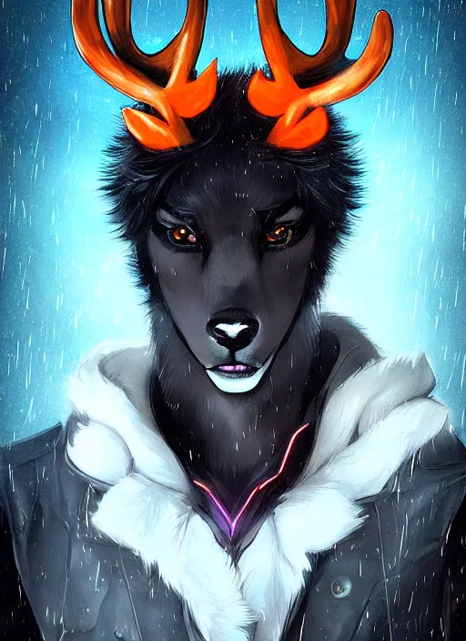 Image similar to award winning beautiful portrait commission of a male furry anthro Black Reindeer fursona with a tail, wings and a cute beautiful attractive detailed furry face wearing stylish black and orange cyberpunk clothes in a cyberpunk city at night while it rains. Character design by charlie bowater, ross tran, artgerm, and makoto shinkai, detailed, inked, western comic book art