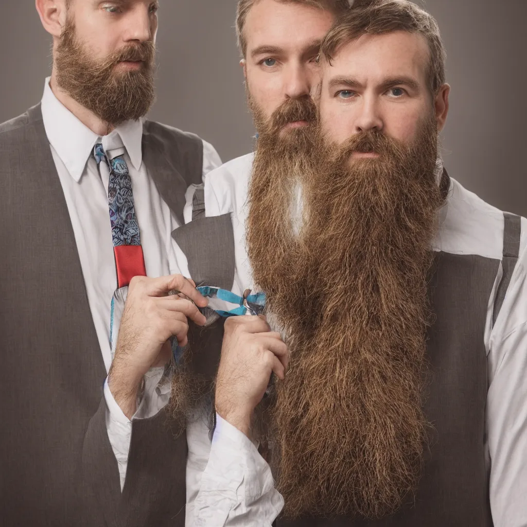 Prompt: bearded white man wearing tie and lanyard