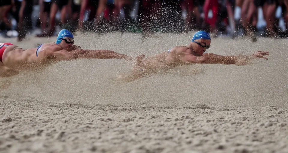 Image similar to olympic swimming in sand instead of water, extremely coherent, motion blur