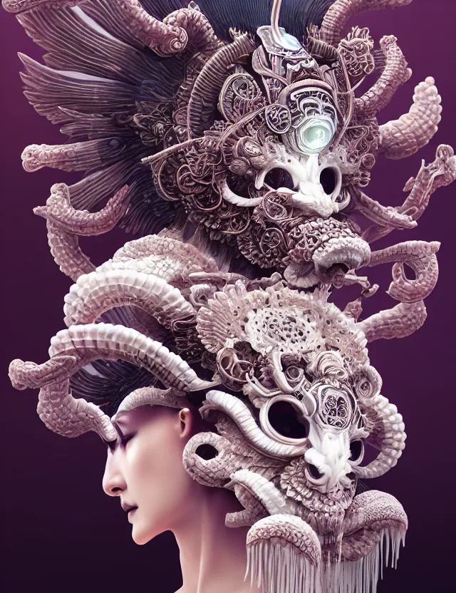 Image similar to 3 d goddess close - up profile portrait ram skull. beautiful intricately detailed japanese crow kitsune mask and clasical japanese kimono. betta fish, jellyfish phoenix, bio luminescent, plasma, ice, water, wind, creature, artwork by tooth wu and wlop and beeple and greg rutkowski