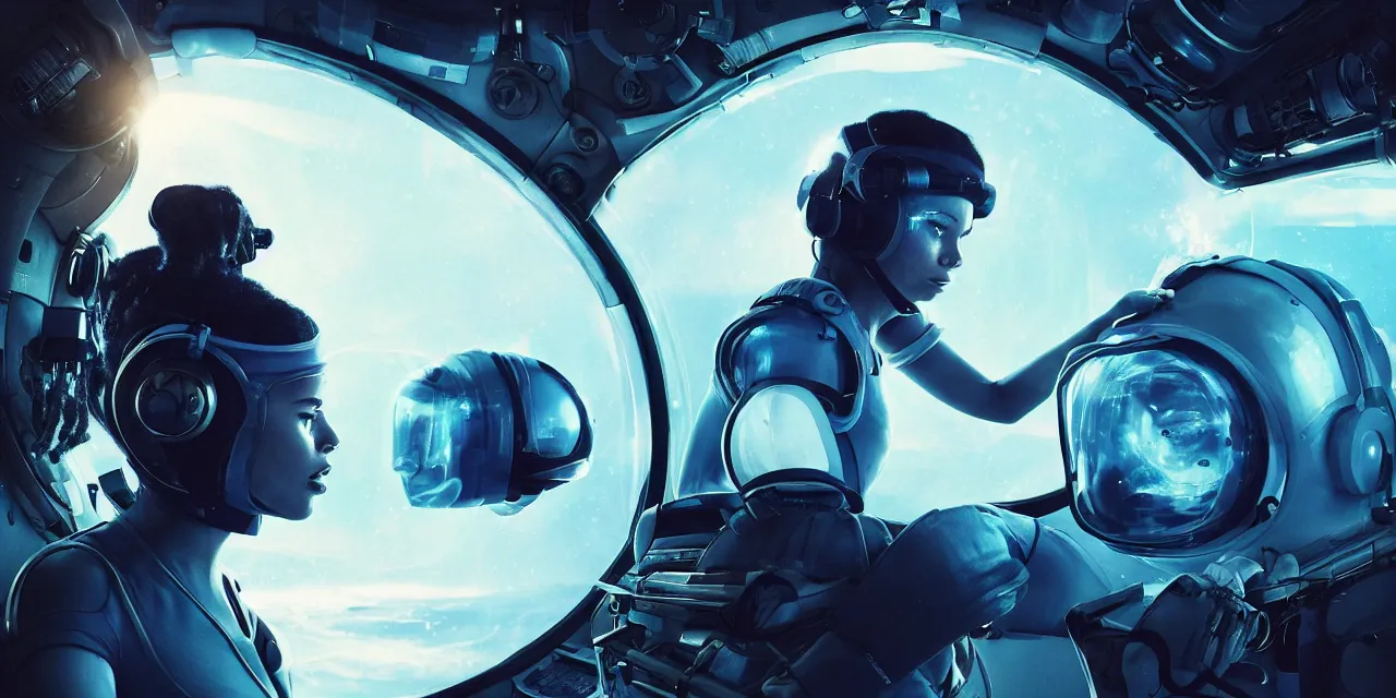 Image similar to Zoe Kravitz futuristic astronaut, outside large window of ship, helmet with clear HUD shield and led lights, underwater in the ocean at night, dark water, volumetric lighting, glowing lights, 4k, octane, digital painting, artstation, concept art, sharp focus, illustration, high contrast, high saturation , cinematic film still, art by artgerm and greg rutkowski and alphonse mucha , wide angle view,