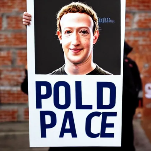 Image similar to Mark Zuckerberg police mug shot holding up a placard with a number on it