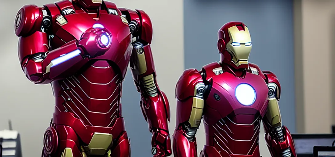 Image similar to a very high resolution image of ironman. from an episode of the office. photorealistic, photography