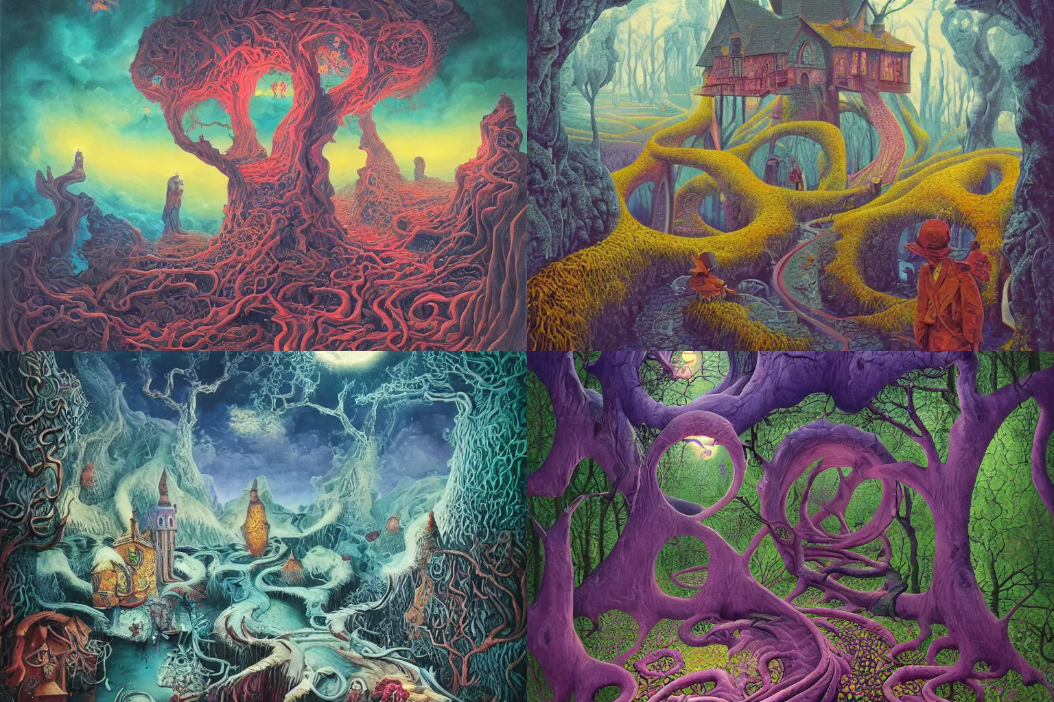 Prompt: a strange, hauntingly beautiful, vibrant dreamscape | introspective meandering fantasy endless path | gouache painting by max masnyy, jakub gazmercik, and mc escher, surrealism, trending on artstation