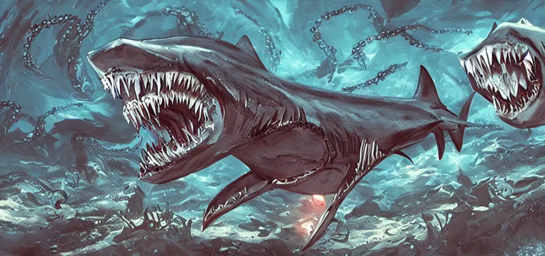 Image similar to concept art of shark attack, lovecraftian, lots of teeth, melting horror, fighting the horrors of the unknown with laser guns