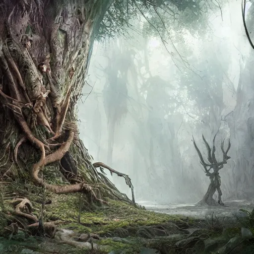 Image similar to an ent from lord of the rings, in the shape of a rat, in a corrupted forest, by greg rutkowski, trending on art station, highly detailed, magic the gathering, matte painting