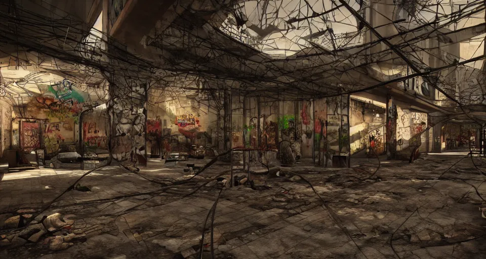 Image similar to photo realistic!! a rundown mall interior with hanging wires and graffiti, very detailed, dramatic lighting, various rubble is on the ground, slightly smokey, artstation, unreal engine