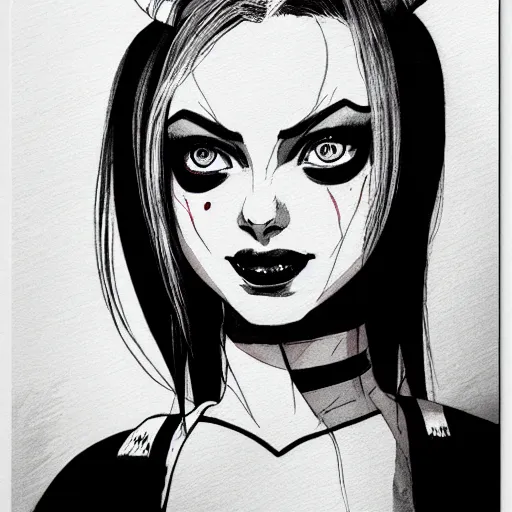 Image similar to harley quinn headshot portrait drawn in black and white watercolor, manga panel style, wlop, trending on artstation