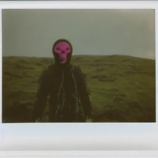 Prompt: colour polaroid photo of an alien on the moors
