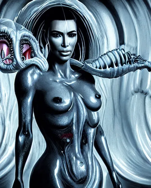 Image similar to film still of kim kardashian being mouth fed by an xenomorph slathered in a transparent alien liquid, wet flowing hair, gooey skin, illustration, unreal engine 5, 8 k, directed by h. r. giger.