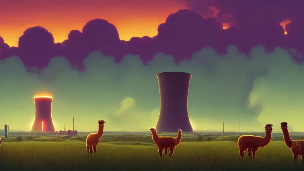 Prompt: A nuclear power plant in utopia by Simon Stålenhag and J.M.W. Turner, oil on canvas<photobomb>Alpaca</photobomb>; Nuclear Fallout, Art Direction by Adam Adamowicz; 4K, 8K Ultra-Realistic Depth Shading; Epic 4k dream drone shots