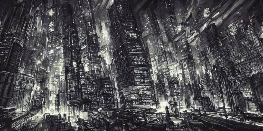 Prompt: underground sci fi city skyline