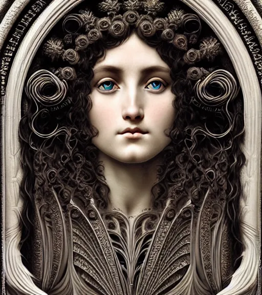 Image similar to hyperrealistic detailed face portrait of a beautiful long haired young goddess morphing into a gothic cathedral, authentic ornamental architecture, art by ernst haeckel, john william godward, h. r. giger, gothic, neo - gothic, heavily ornamental,