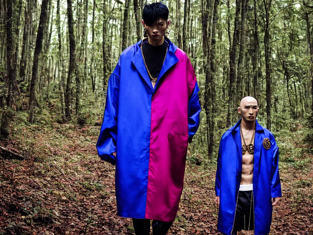 Prompt: versace avant garde male super oversized jacket blue purple red necklace textiles streetwear cyberpunk buff muscle japanese asian man shaved head in the woods overcast late evening dramatic professional color 8 k hdr