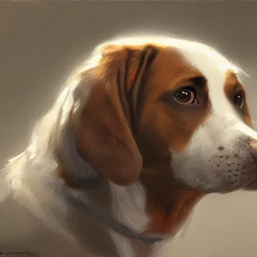 Image similar to a painting of a dog, greg rutkowski, cinematic lighting, hyper realistic painting