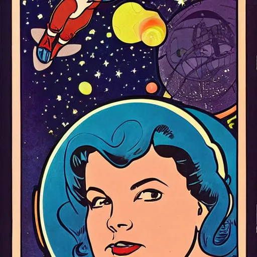 Prompt: a chubby woman with straight brown hair, floating in space. she is an astronaut, wearing a space suit. well composed, clean elegant painting, beautiful detailed face. comic book art by steve ditko and jack kirby and ( alphonse mucha )