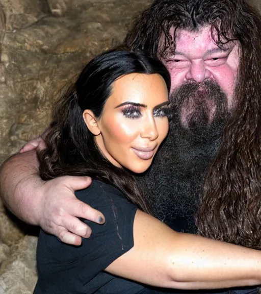 Prompt: hagrid hugging kim kardashian, holding her waist, in a derelict grotto