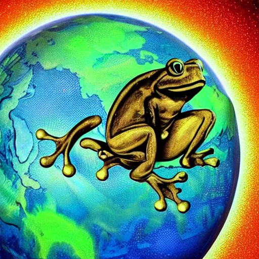 Image similar to frog with 3 eyes ponders holographic image of globe with evil smile, dark room