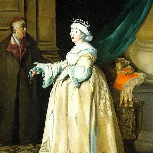 Prompt: queen elizabeth of england painted as a beggar by hogarth