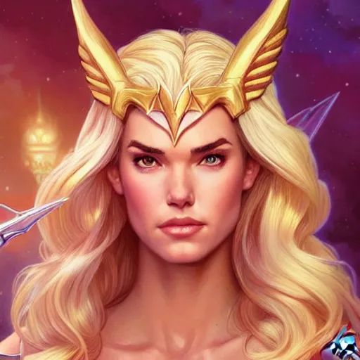 Prompt: Odette Annable with blonde hair as She-Ra, western, D&D, fantasy, intricate, elegant, highly detailed, digital painting, artstation, concept art, matte, sharp focus, illustration, art by Artgerm and Greg Rutkowski and Alphonse Mucha