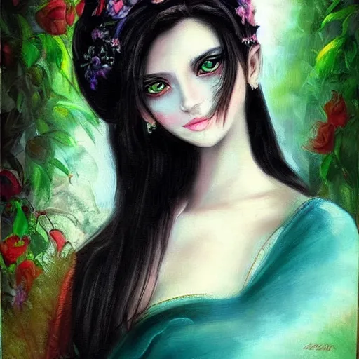 Prompt: beautiful young princess of coca, dark hair, dark eyes, fantasy painting, very painterly