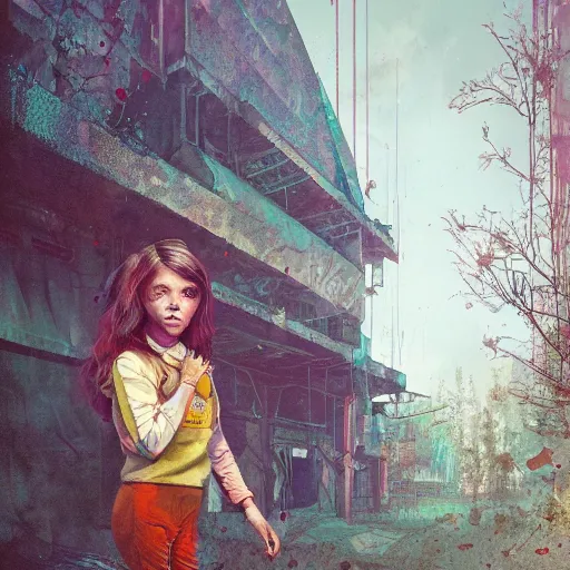 Image similar to a girl in chernobyl disneyland, digital illustration, by android jones and greg rutkowski, retrowave color scheme, detailed, cinematic lighting, wide angle action dynamic portrait