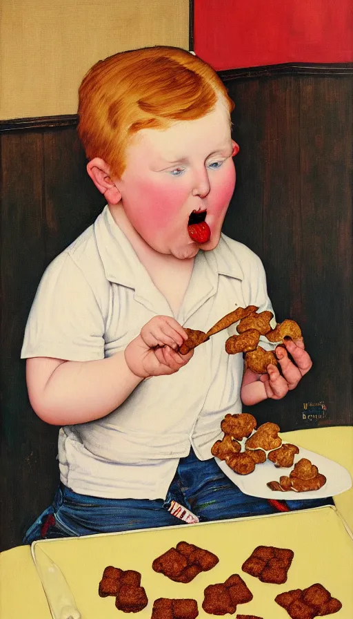 Prompt: painting of a ginger hair chubby boy eating a delicious cholocate chunks cookies, buzz cut, america, norman rockwell