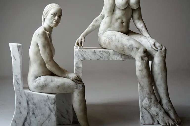 Image similar to a sculpture of a beautiful woman sitting on a chair, a white marble sculpture covered with floating wax by nicola samori, behance, neo - expressionism, marble sculpture, apocalypse art, made of mist