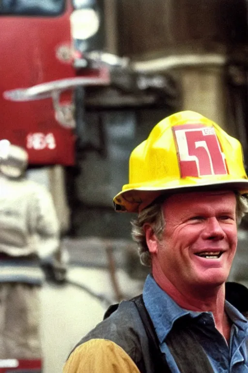 Prompt: kevin tighe wearing a fireman helmet with the number 5 1 on it, floating above a fire laughing