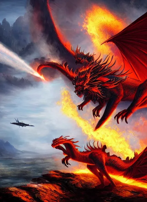 Prompt: a majestic fire dragon king creature fighting a fighter jet, 8 k, magic realism, beautiful composition