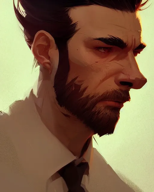 Prompt: a handsome man, rugged, masculine, sharp jaw, digital painting by ilya kuvshinov, greg rutkowski, wlop, james jean, victo ngai, beautifully lit, muted colors, highly detailed, artstation, fantasy art by craig mullins