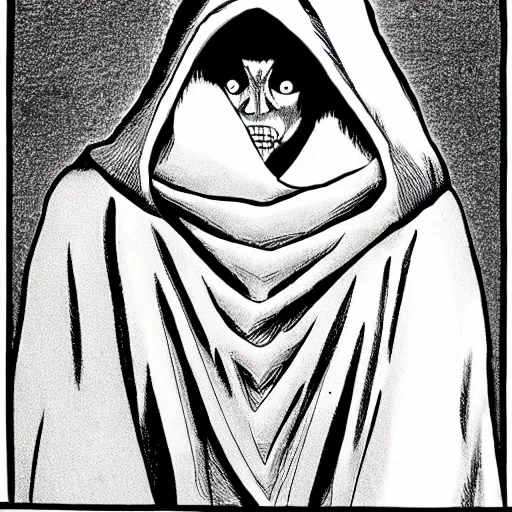 Image similar to hooded man, junji ito,