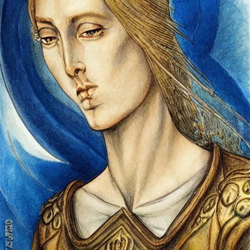 Prompt: beautiful face jeanne d'arc in the style of william blake, terese nielsen, isolde