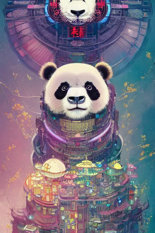 Image similar to a beautiful hyperdetailed character design of a cute panda with a chinese lion dance head victo ngai cyberpunk style of absolutely beautiful cyberpunk town, from china, style of studio ghibli, makoto shinkai, raphael lacoste, louis comfort tiffany, artgerm, james jean, ross tran, chinese style