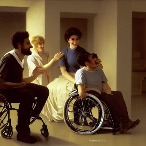 Image similar to a male patient in a wheelchair in the hospital with his wife and son standing by. happy, cheerful, smiling, intricate, face enhance, sharp focus, cinematic lighting, featured in artistation, 8 k, art by greg rutkowski, william adolphe bouguereau