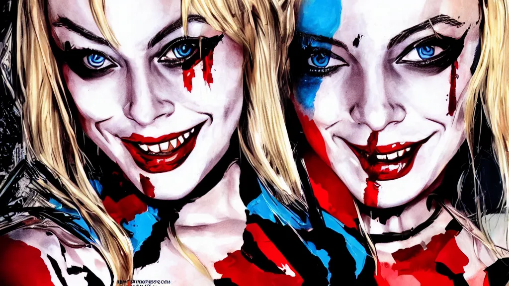 Image similar to portrait of Margot Robbie as Harley Quinn, Pixiv style, detailed,