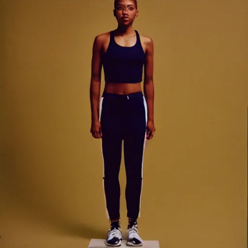 Image similar to realistic photoshoot for a new nike lookbook, color film photography, portrait of a beautiful woman in style of tyler Mitchell, 35mm, graflex