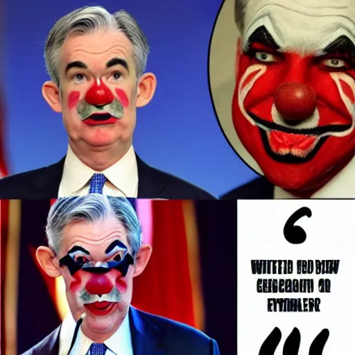 Image similar to Jerome Powell with colorful clown makeup whiteface all over his face