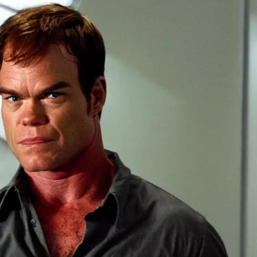 Image similar to dexter morgan as a t - 8 0 0 iconic terminator action movie still