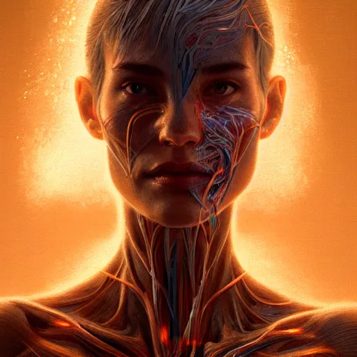 Image similar to detailed intricate digital illustration by greg rutkowski and artgerm and wlop and sanford robinson gifford ; yoga pose glowing anatomically correct human veins ; 1 3 mm film, arri alfa anamorphic lens, sharp focus ; golden hour, trending on artstation 8 k