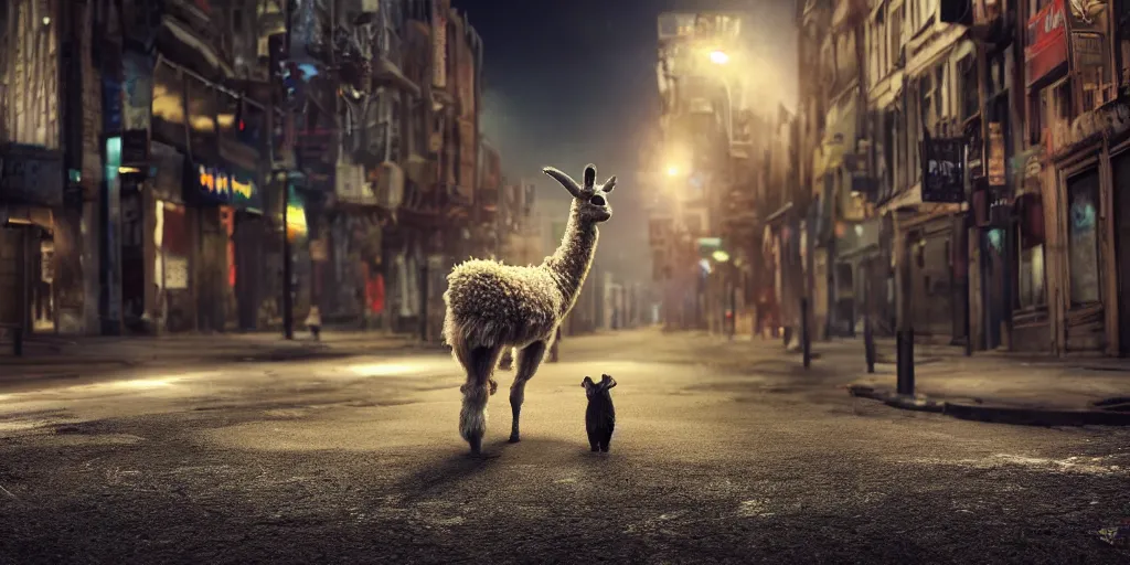 Image similar to a llama walking through a desolate city street at night, realistic 4 k octane beautifully detailed render, 4 k post - processing, highly detailed, intricate complexity, epic composition, magical atmosphere, cinematic lighting, masterpiece, ultra hd