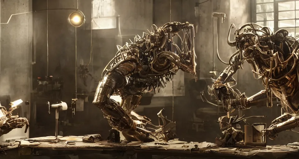 Image similar to impressive small close cinematography scene featuring bio - punk aesthetic furniture. close shot of two characters discussing an important topic. film still from the new live - action adventure movie. special effects from the studios called industrial light & magic, weta.